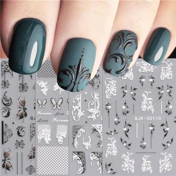 Other - 3D Embossed Flower Black White Nail Art Stickers  4 Sheets